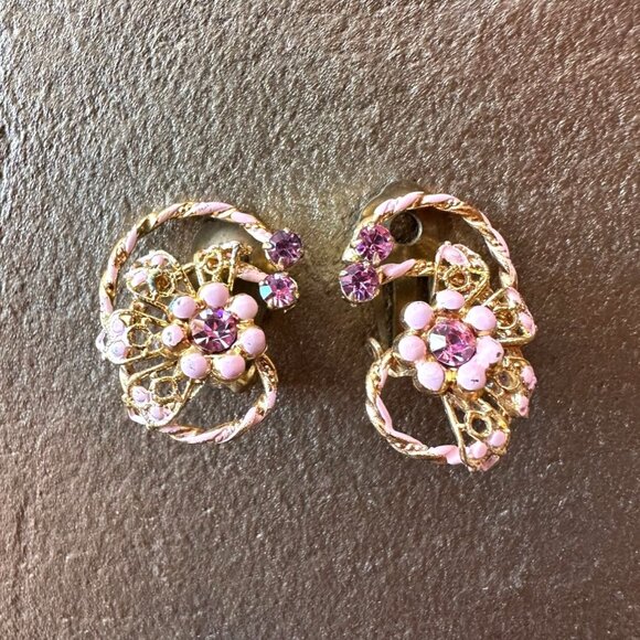 Austria Jewelry - Vintage Pink & Gold Clip-On Earrings Rhinestone & Enamel Floral Made In Austria
